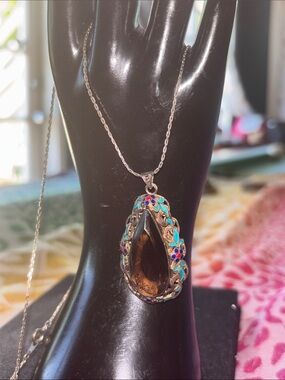 Large Smoky Quartz turquois pure silver tear drop art deco necklace
